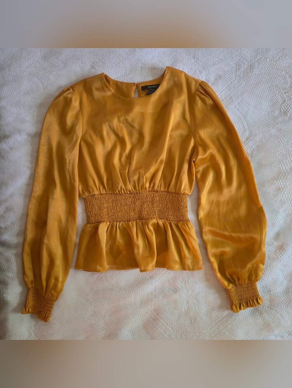 Forever 21 Mustard Yellow Smocked-Waist Peplum Blouse Long-Sleeve Size S